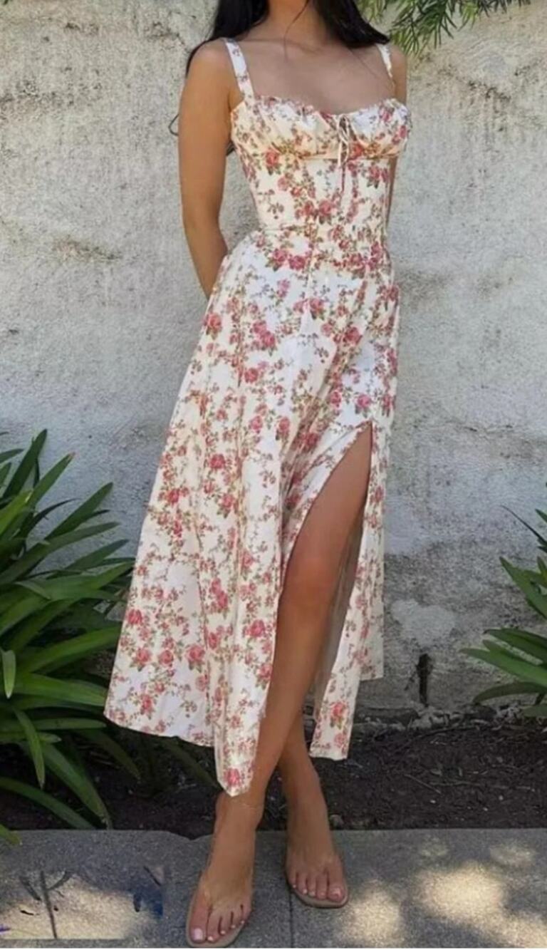 Commense Rosebud Floral Lace-Up Midi Sundress XL - Romantic Summer
